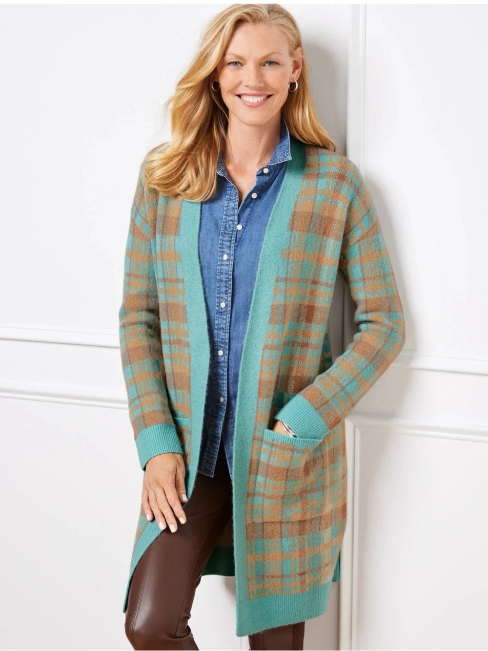 TALBOTS Blue,Brown Bird's Eye Plaid Open Front Cardigan Sz xs